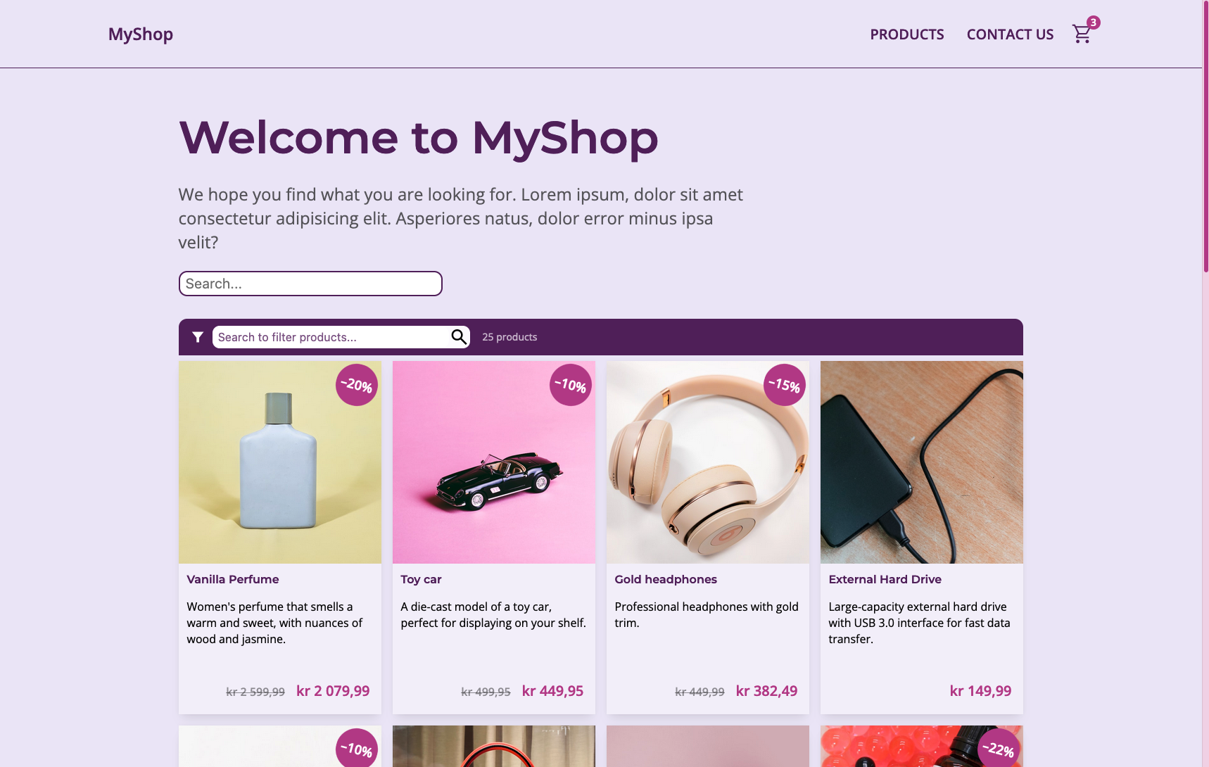Screenshot of MyShop - JavaScript Rammeverk